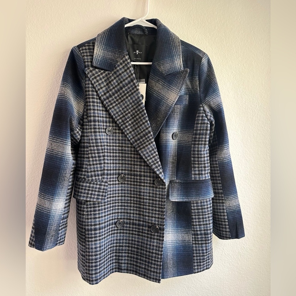 NWT 7 For All Mankind Blue Mixed Plaid Double Breasted Wool Blend Blazer Jacket